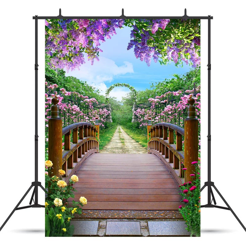 PHMOJEN Colorful Flowers Blossom Photography Backdrop Wooden Bridge Floral Garden Background Vinyl 5x7ft Photo Shooting Props HXPH010 - Image 3